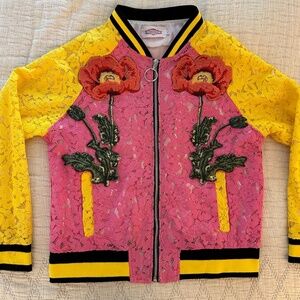 Embroidered Lace Bomber Jacket - Pink & Yellow - M/L